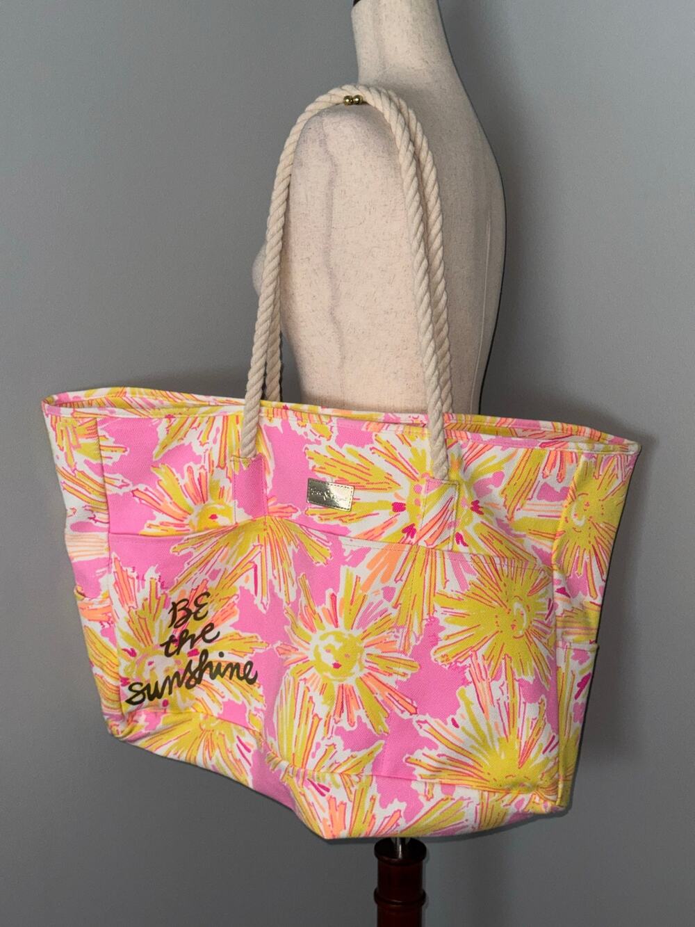 Lilly Pulitzer “Be the Sunshine” Large Canvas Beach Tote Pink Yellow Rope Handle